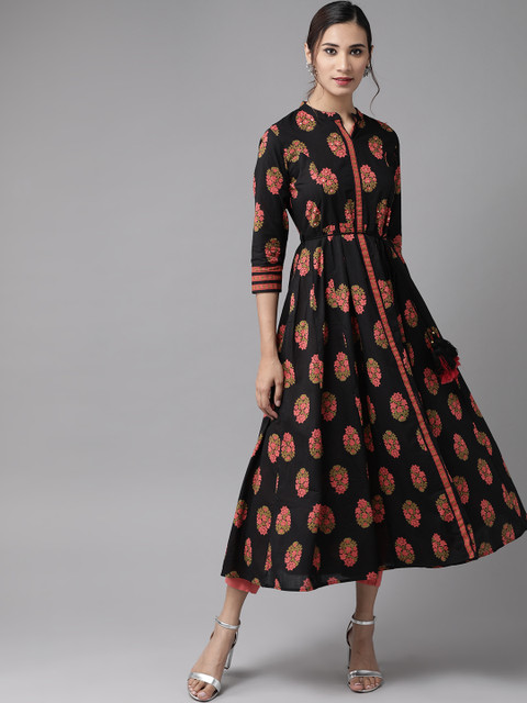 

Yufta Women Black & Pink Ethnic Motifs Print Sequins Block Print Anarkali Kurta & Belt