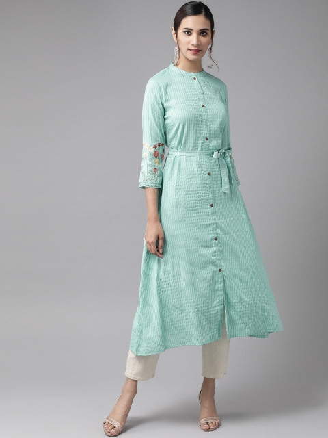 

Yufta Women Green & White Striped Thread Work A-Line Kurta With Belt