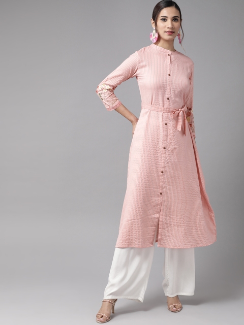 

Yufta Women Peach-coloured & White Striped Thread Work A-Line Kurta With Belt