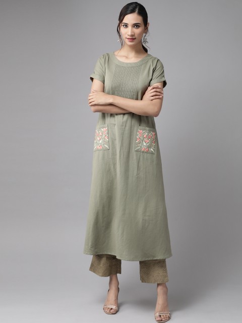 

Yufta Women Green Extended Sleeves Thread Work A-Line Kurta