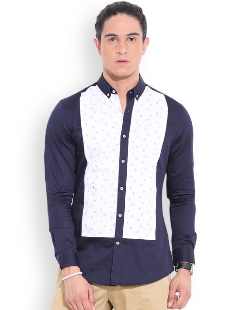 

MR BUTTON Navy & White Printed Structured Fit Casual Shirt, Navy blue