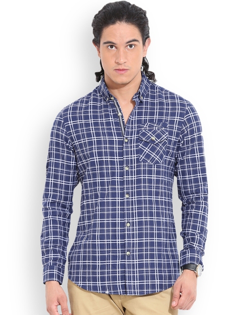 

MR BUTTON Navy Checked Structured Fit Casual Shirt, Navy blue