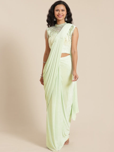 

KHALOM Green Solid Saree with Embellished Cape