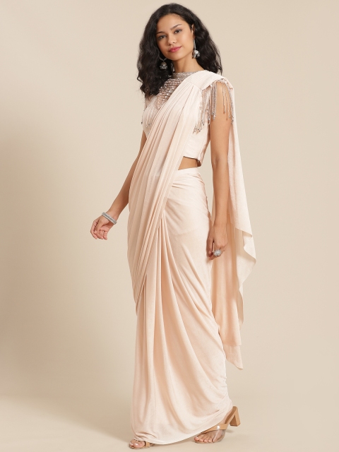 

KHALOM Peach-Coloured Solid Saree with Embellished Cape