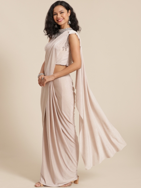 

KHALOM Beige Solid Saree with Embellished Cape