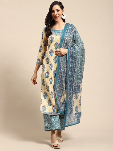 

Rajnandini Beige & Blue Pure Cotton Printed Unstitched Dress Material