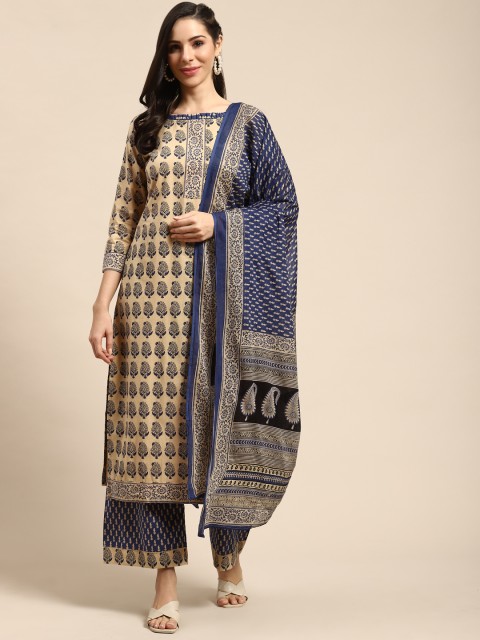 

Rajnandini Beige & Navy Blue Pure Cotton Printed Unstitched Dress Material
