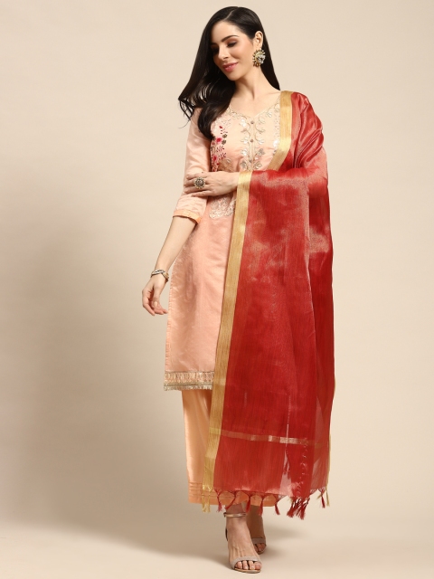 

Rajnandini Peach-Coloured & Golden Embroidered Semi-Stitched Dress Material