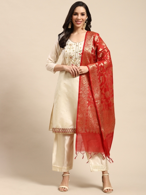 

Rajnandini Cream-Coloured & Red Embroidered Semi-Stitched Dress Material