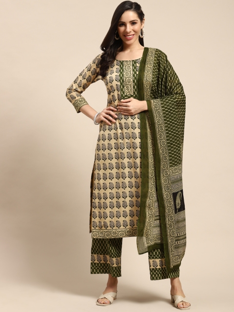 

Rajnandini Beige & Olive Green Pure Cotton Printed Unstitched Dress Material
