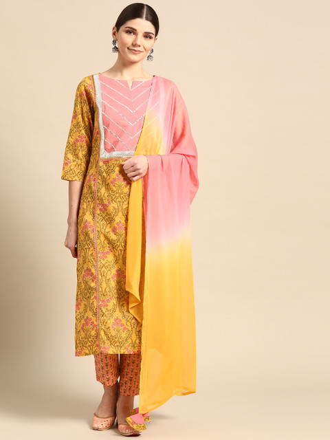 

Rajnandini Women Yellow Floral Printed Regular Gotta Patti Pure Cotton Kurta with Trousers & With Dupatta