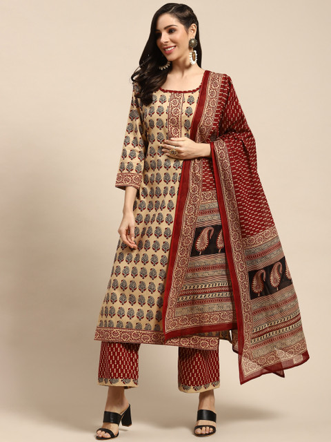 

Rajnandini Beige & Maroon Pure Cotton Printed Unstitched Dress Material