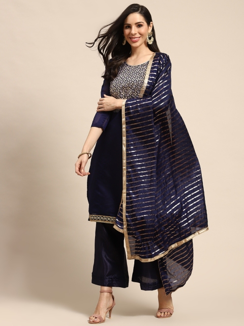 

Rajnandini Navy Blue & Golden Yoke Design Embellished Unstitched Dress Material