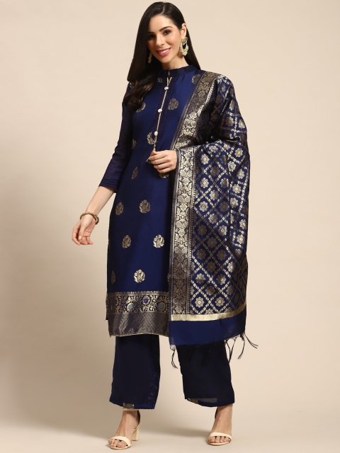 

Rajnandini Navy Blue & Golden Woven Design Semi-Stitched Dress Material