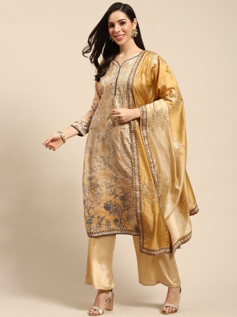 

Rajnandini Beige & Golden Pure Cotton Embroidered Semi-Stitched Dress Material