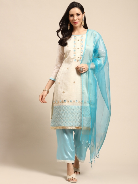 

Rajnandini Beige & Blue Embellished Semi-Stitched Dress Material