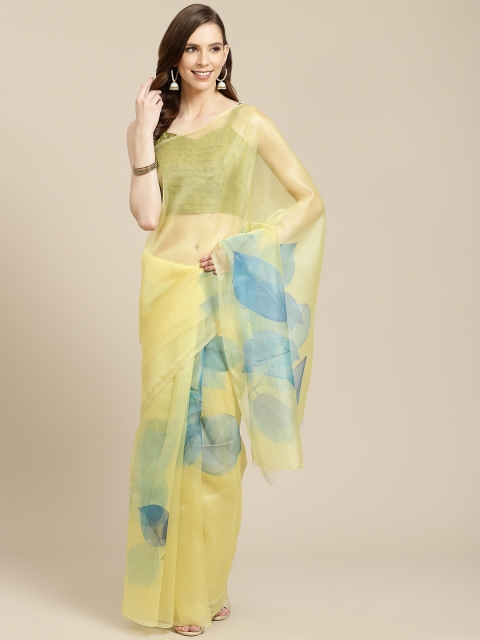 

Rajnandini Yellow & Blue Organza Leaf Print Saree