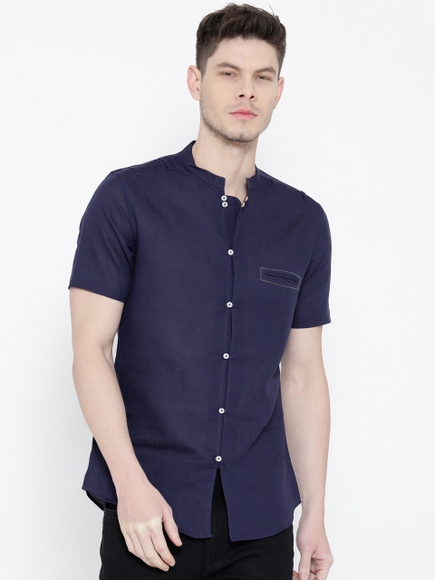 

MR BUTTON Men Navy Structured Fit Solid Casual Shirt, Navy blue