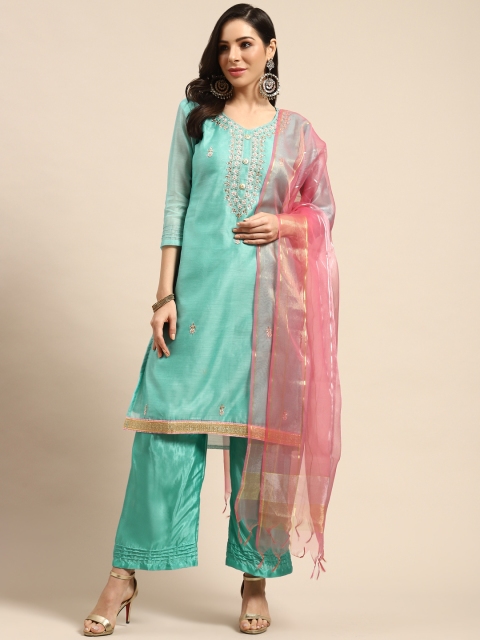 

Rajnandini Green & Golden Embellished Semi-Stitched Dress Material