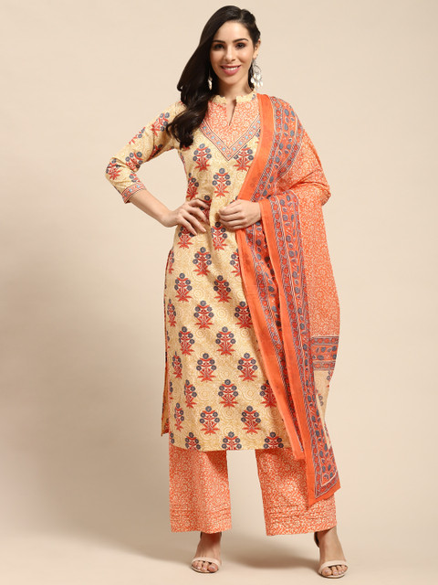 

Rajnandini Beige & Orange Pure Cotton Ethnic Motifs Printed Unstitched Dress Material