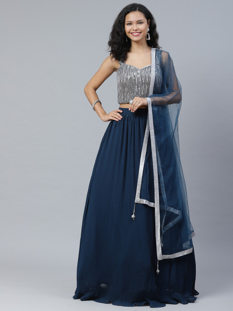 

KHALOM Teal Blue & Silver Solid Accordian Pleated Lehenga & Blouse with Dupatta