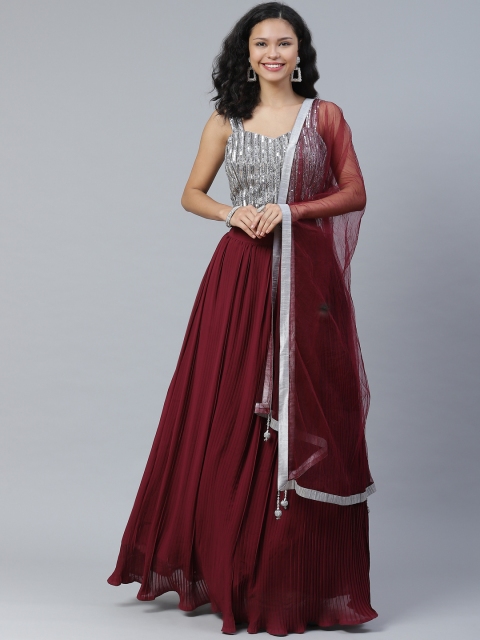 

KHALOM Burgundy & Silver Solid Accordian Pleated Lehenga & Blouse with Dupatta