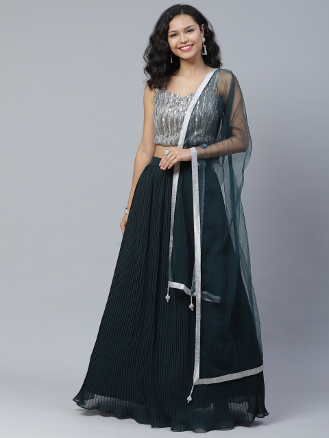 

KHALOM Teal Green & Silver Hand-Work Embellished Lehenga & Blouse with Dupatta
