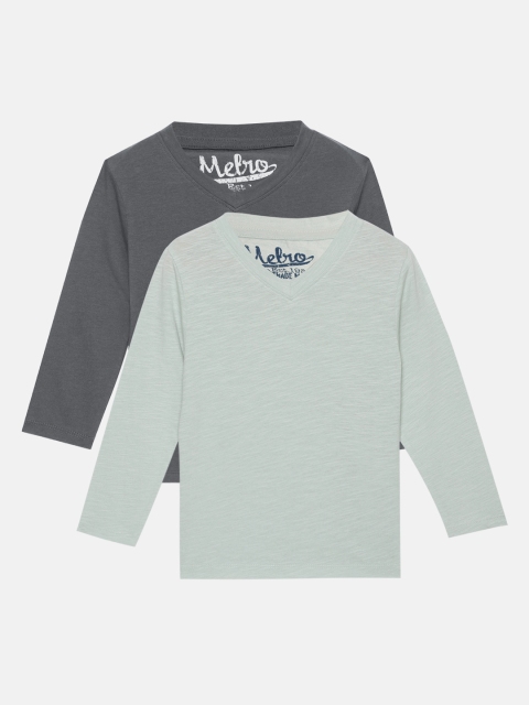 

METRO KIDS COMPANY Boys Set of 2 Grey & Mint Green Solid Pure Cotton V-Neck T-shirts