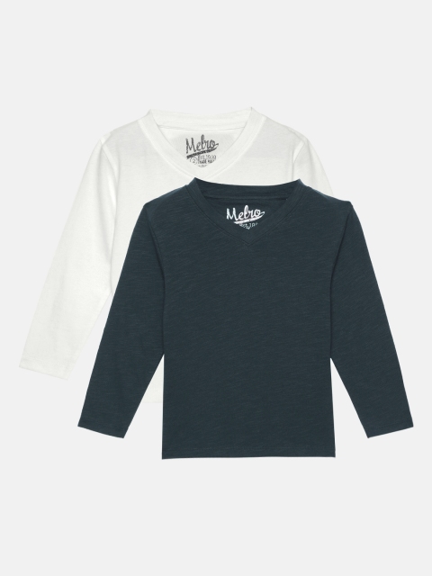 

METRO KIDS COMPANY Boys Set of 2 Navy Blue & White Solid Pure Cotton V-Neck T-shirts