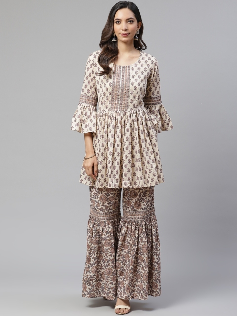 

Divena Women Cream-Coloured & Brown Printed Pure Cotton Kurta with Sharara