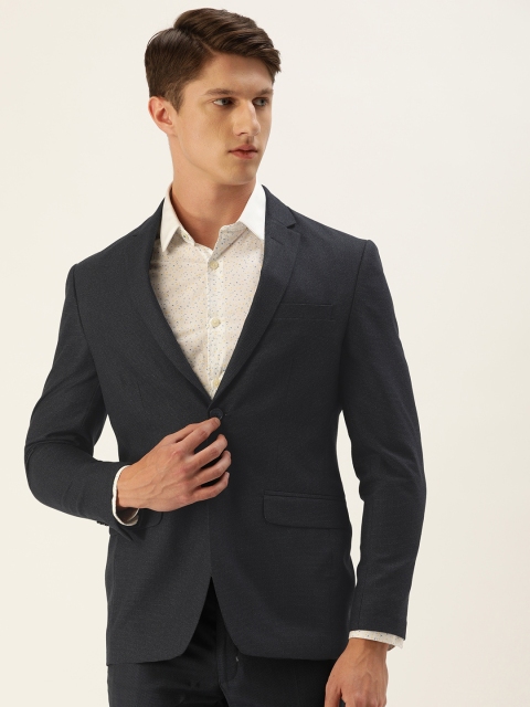

Peter England Men Navy Blue Checked Slim-Fit Single-Breasted Blazer