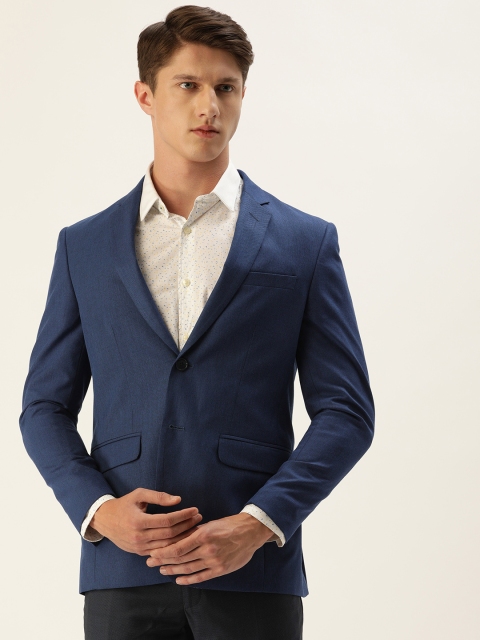 

Peter England Men Navy Blue Self-Design Slim-Fit Single-Breasted Blazer