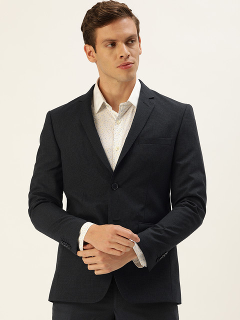 

Peter England Men Blue Checked Neo Slim-Fit Single-Breasted Formal Blazer