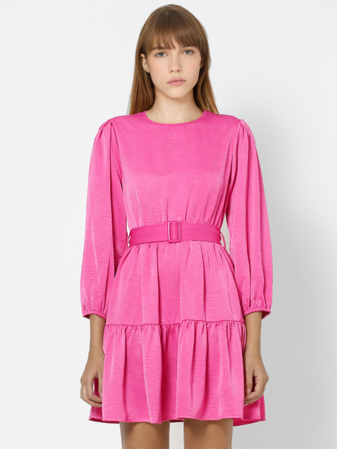 

ONLY Pink Solid Puff Sleeve Fit and Flare Dress