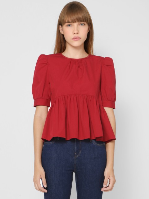 

ONLY Red Puff Sleeve Peplum Top