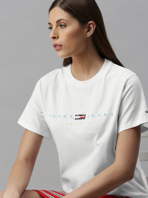 

Tommy Hilfiger Women White Solid Round Neck T-shirt With Embroidery