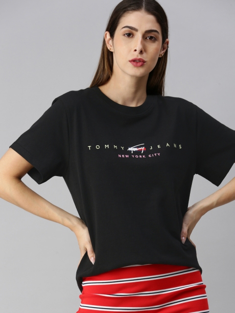 

Tommy Hilfiger Women Black Solid Round Neck T-shirt with Logo