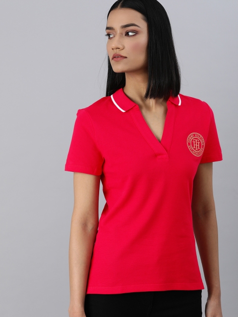 

Tommy Hilfiger Women Red Solid Polo Collar T-shirt with Embroidered Detail