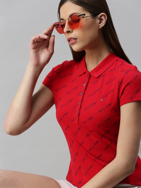 

Tommy Hilfiger Women Red & Navy Blue Slim Fit Printed Polo Collar T-shirt