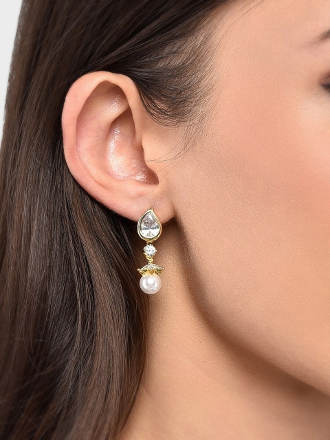 

Amavi Gold-Plated American Diamond Teardrop Shaped Drop Earrings