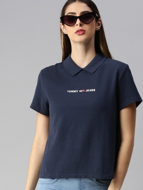 

Tommy Hilfiger Women Navy Blue Solid Polo Collar T-shirt With Embroidered Detail