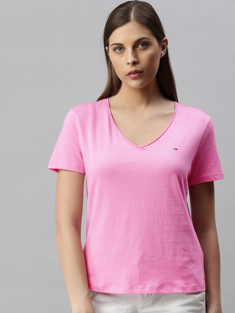 

Tommy Hilfiger Women Pink Solid V-Neck T-shirt