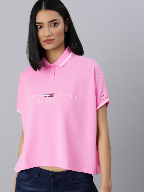 

Tommy Hilfiger Women Pink Solid Polo Collar Crop T-shirt