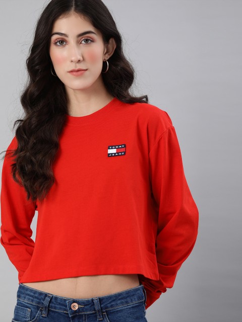

Tommy Hilfiger Women Red Solid Drop Shoulder Round Neck T-shirt