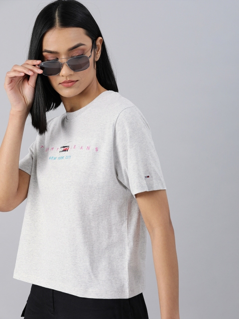

Tommy Hilfiger Women Grey Melange Boxy Fit Embroidered Round Neck T-shirt
