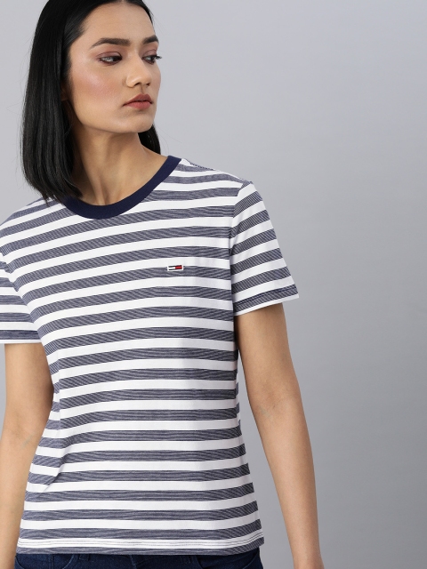 

Tommy Hilfiger Women Navy Blue & White Striped Round Neck T-shirt