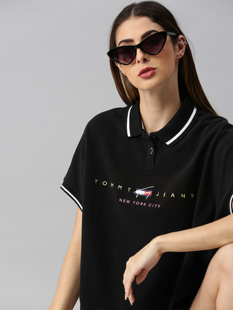 

Tommy Hilfiger Women Black Solid Polo Collar T-shirt with Embroidered Detail