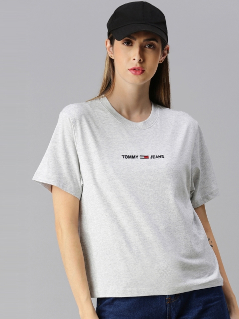 

Tommy Hilfiger Women Grey Solid Round Neck T-shirt with Embroidered Detail