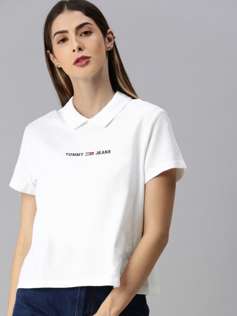 

Tommy Hilfiger Women White Solid Peter Pan Collar T-shirt with Embroidered Detail