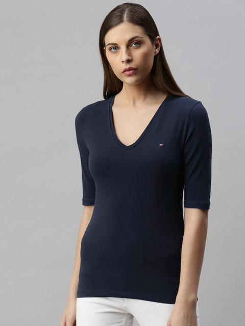 

Tommy Hilfiger Women Navy Blue Solid V-Neck T-shirt